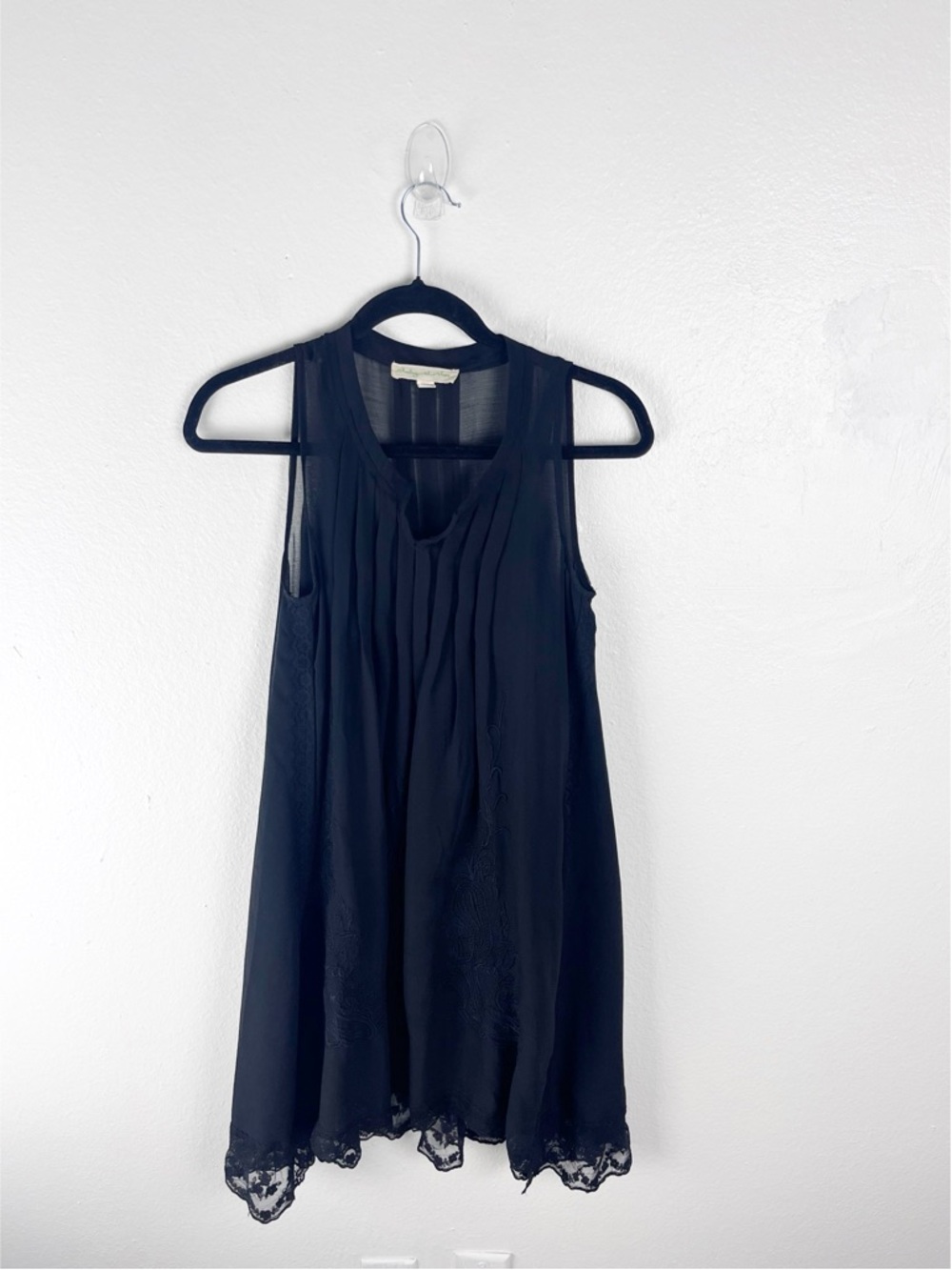 ANTHROPOLOGIE STARING AT STARS Black Sheer Embroidered Pintuck Dress XS Boho